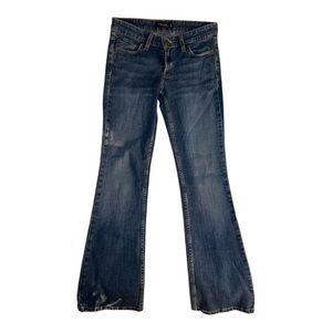 levi’s super low dark wash low rise flare jeans